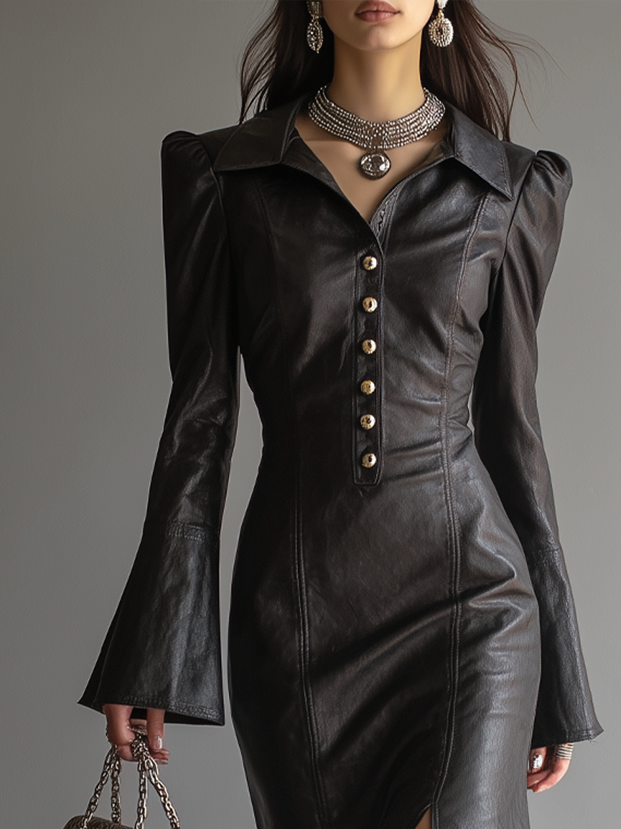 Retro Button Flare Sleeve Eco-leather Midi Dress