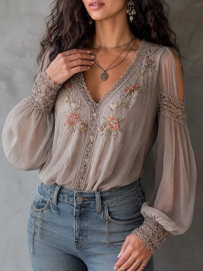 Romantic Floral Embroidered Sheer Blouse With Lace Trim