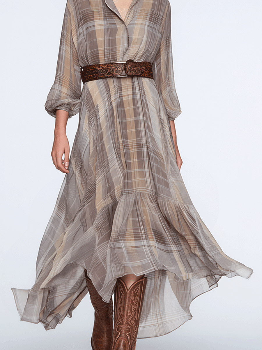 Elegant Light Grey Plaid Maxi Dress