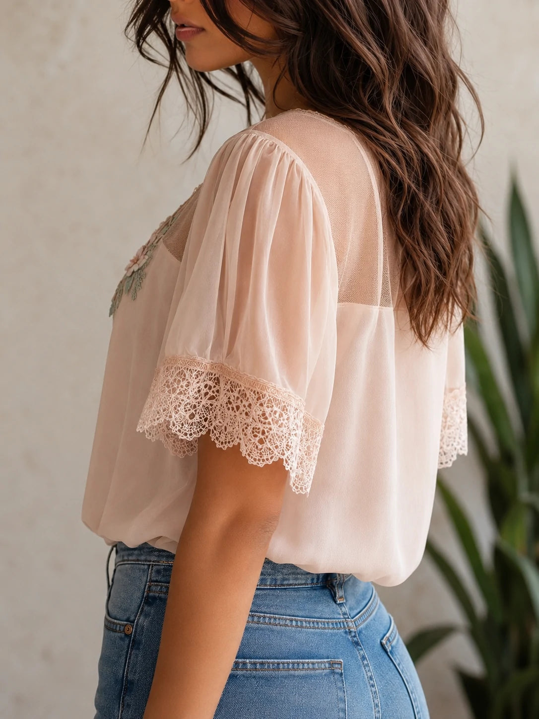 Boho Floral Embroidered Chiffon Blouse — Puff Sleeve V-Neck Top
