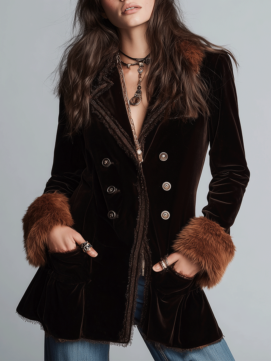 Retro Brown Velvet Double-Breasted Faux Fur Cuff Jacket