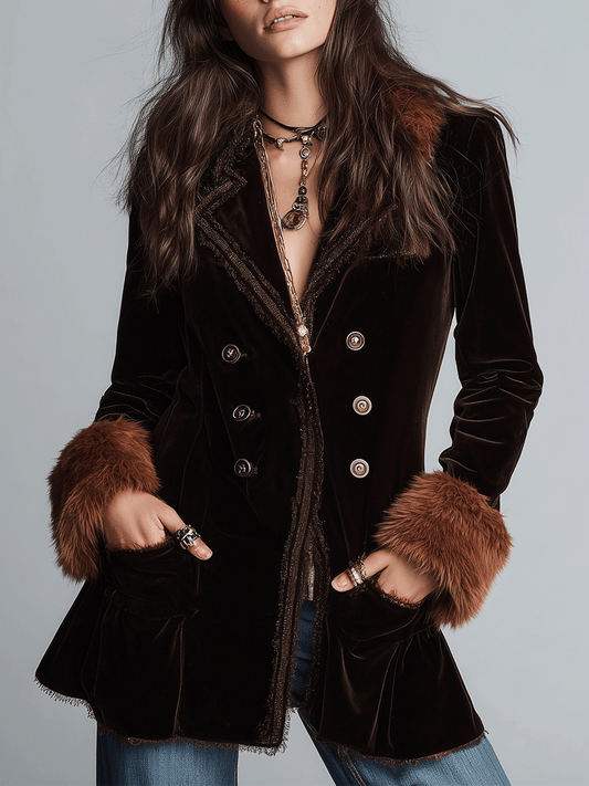 Retro Brown Velvet Double-Breasted Faux Fur Cuff Jacket