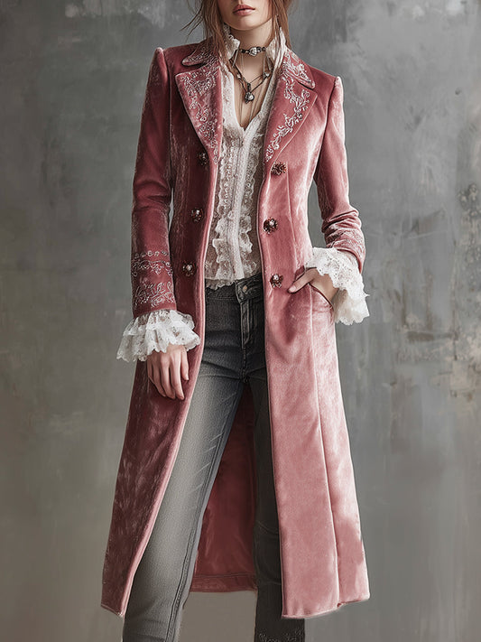 Elegantly Embroidered Polyester Velveteen Mid-length Coat
