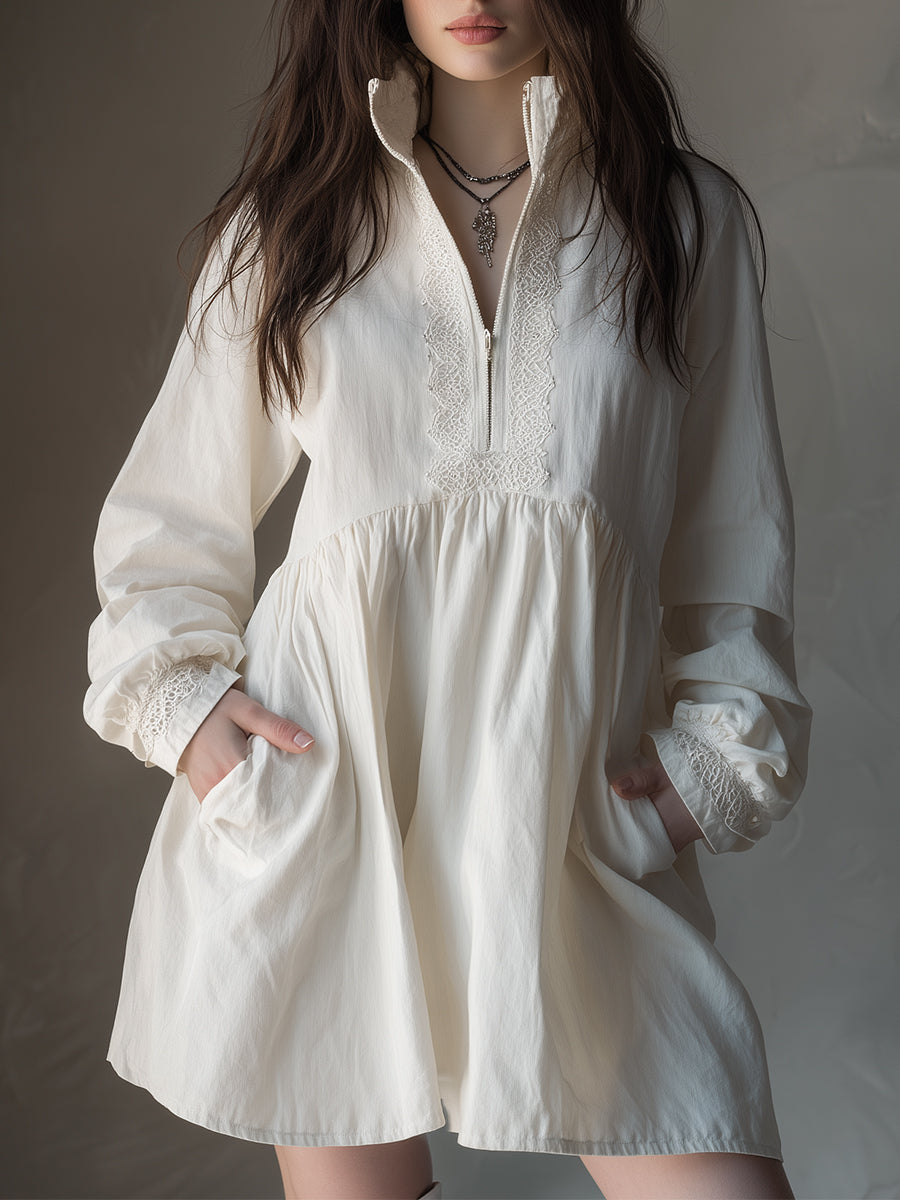 Retro Cotton-blend Lace Trim Half-zip Mini Dress