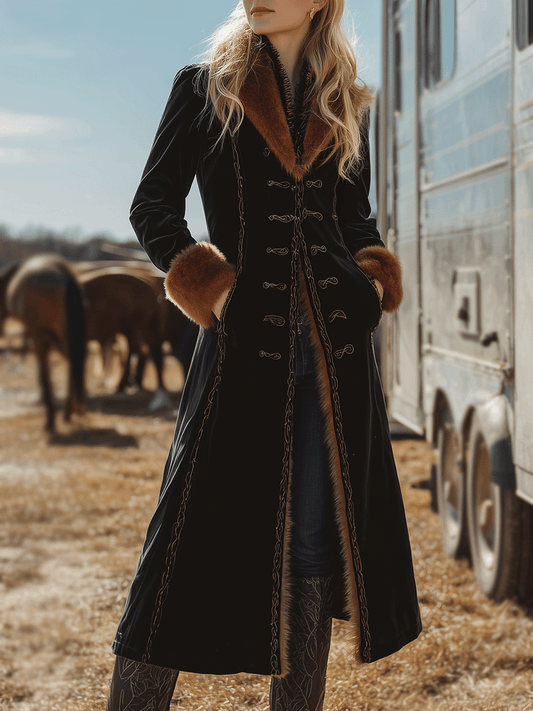 Vintage Black Velvet Faux Fur Trim Long Coat