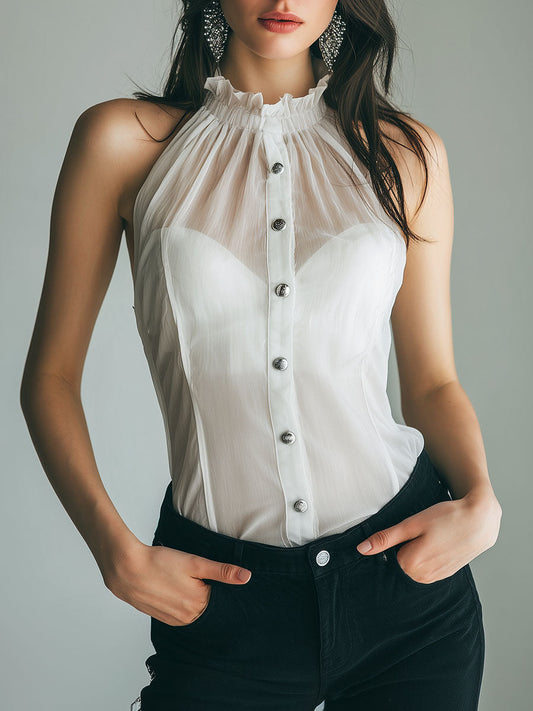 Retro White Ruffled Neckline Bodice Halter Button-Front Blouse