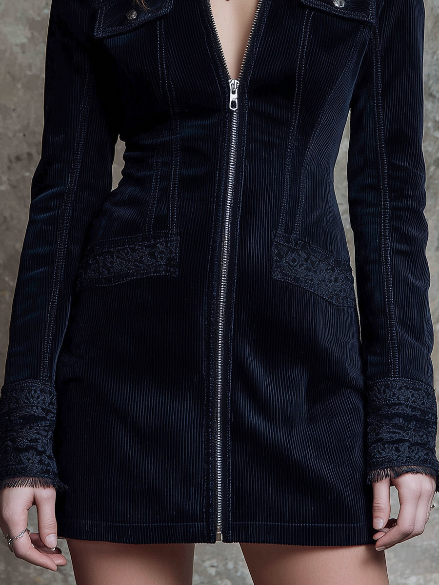 Quiet Luxury Corduroy Front Zipper Lace Mini Dress