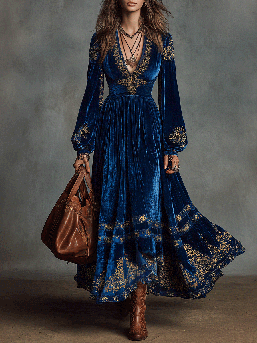 Vintage Bohemian Sapphire Velvet Maxi Dress