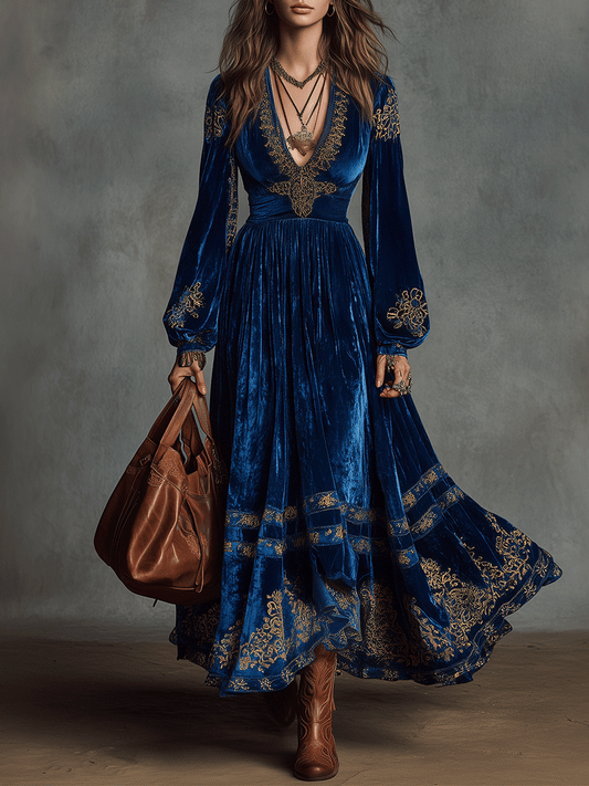 Vintage Bohemian Sapphire Velvet Maxi Dress
