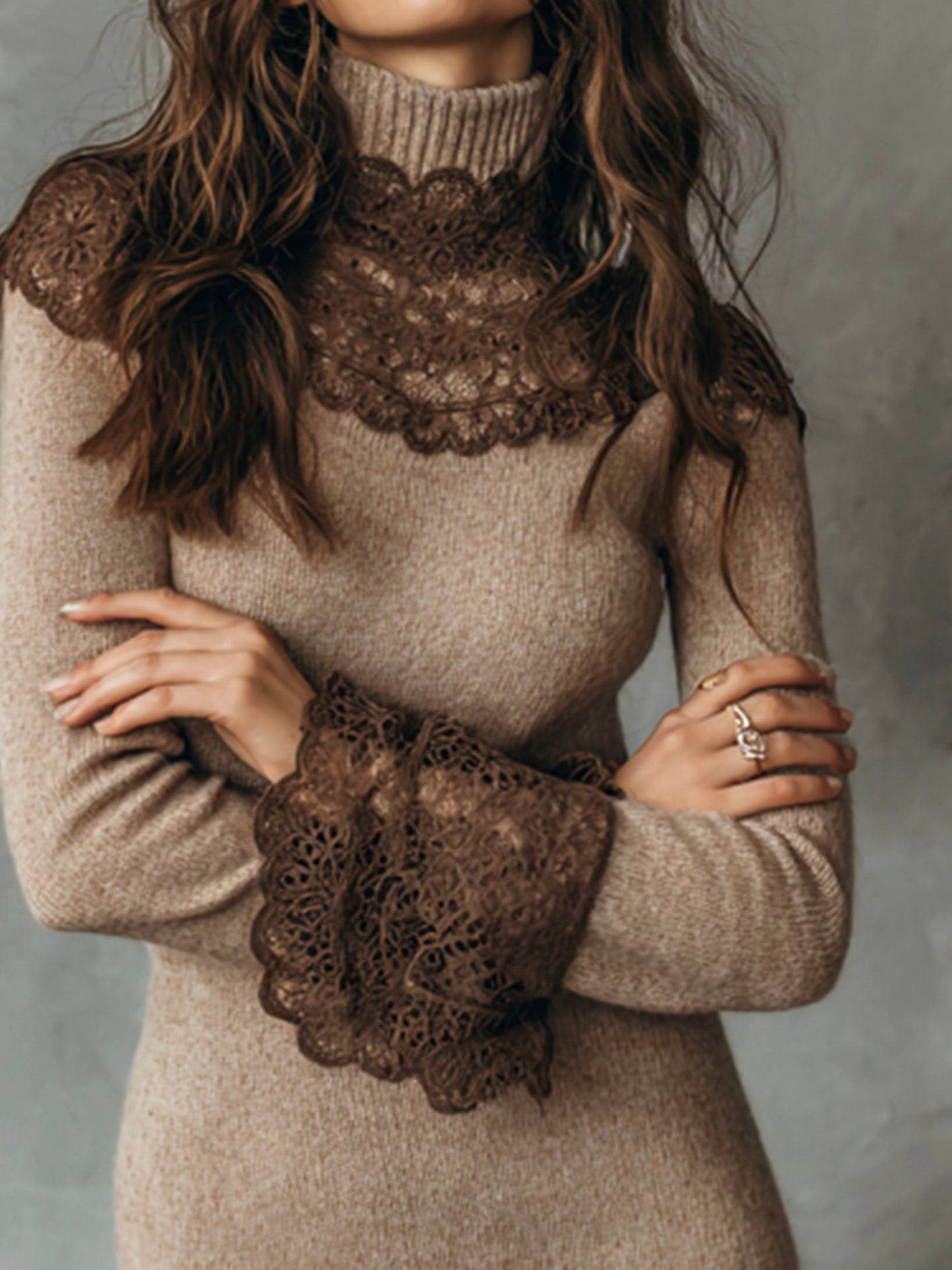 Elegant Knit Bodycon Flared Cuffs Sweater Dress With Lace Detail