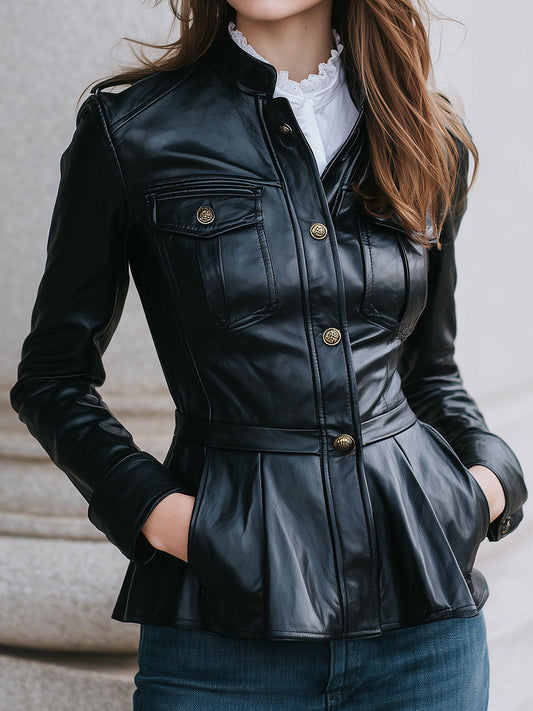 Black Fitted Stand Collar Eco Leather Peplum Jacket