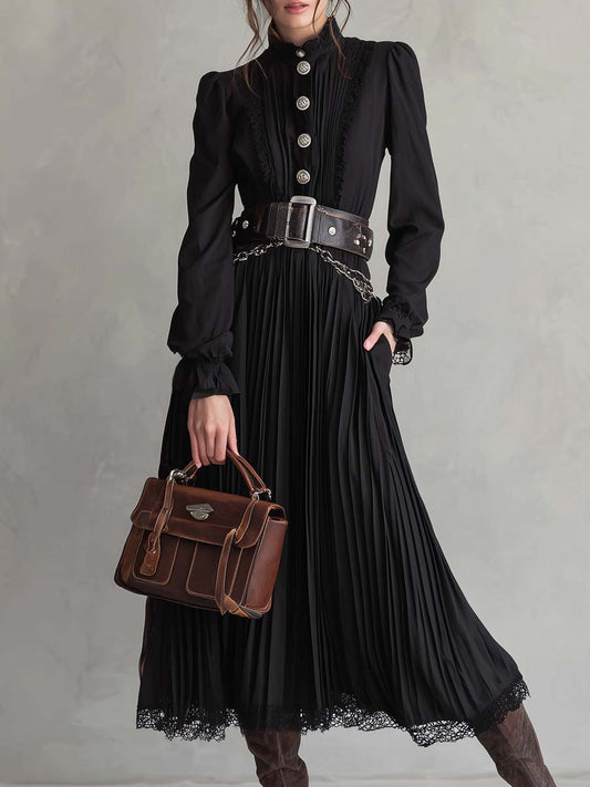 Vintage Button Lace Hem Pleated Midi Dress