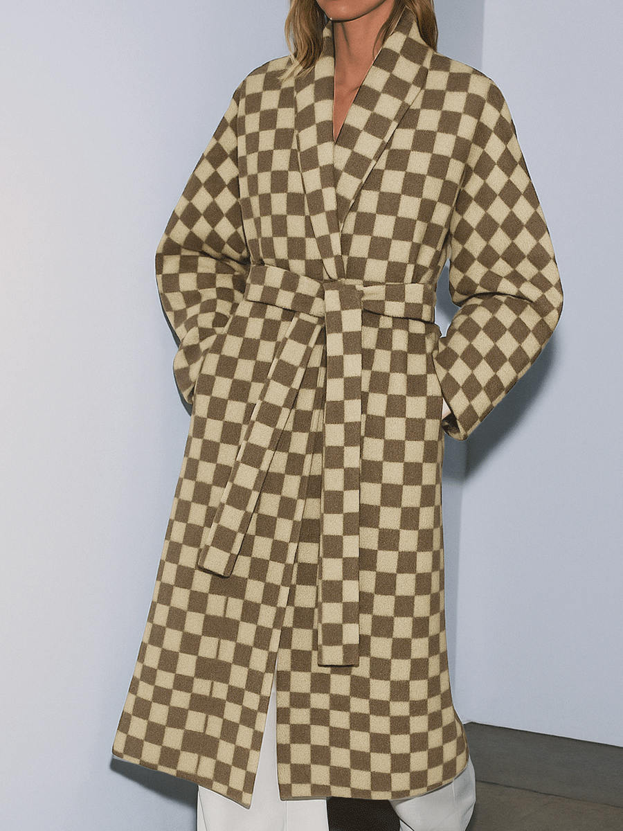 Retro Elegance Checkered Wool Belted Coat