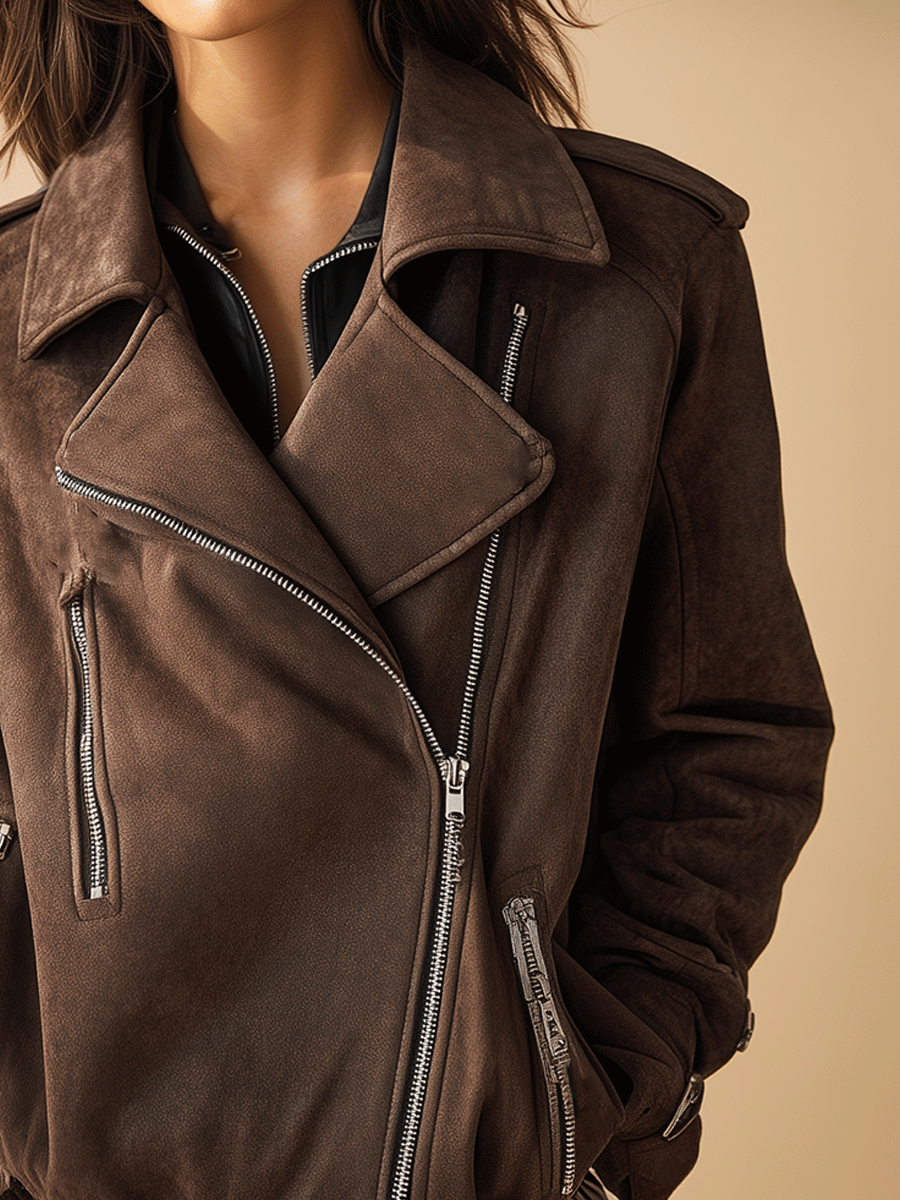 Retro-Style, Loose-Fitting, Soft Brown Suede Jacket