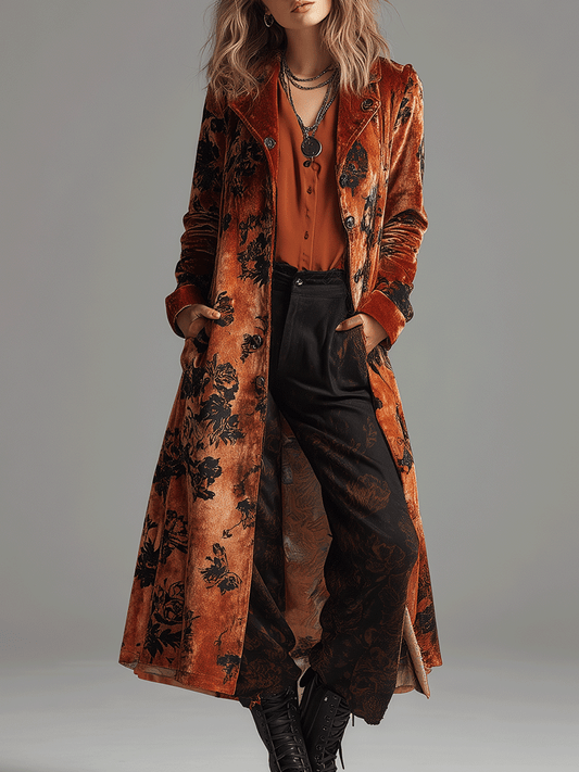 Vintage Burnt Orange Velvet Floral Maxi Coat