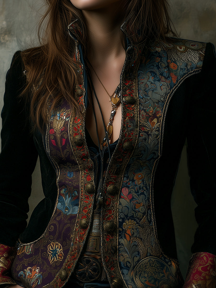 Quiet Luxury Velvet Stitching Stand Collar Slim Fit Blazer