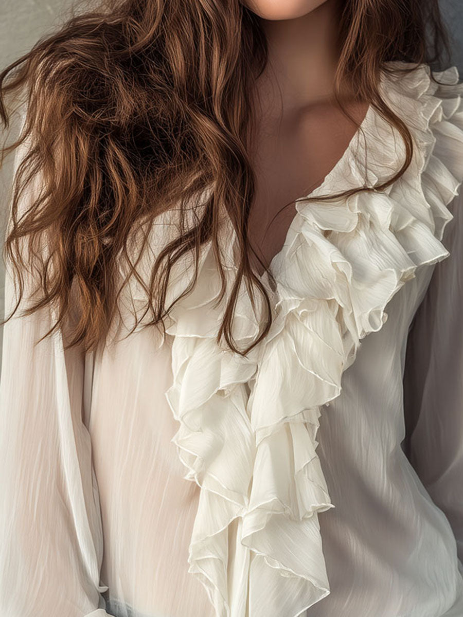 Romantic Ivory Ruffle Front Chiffon Blouse