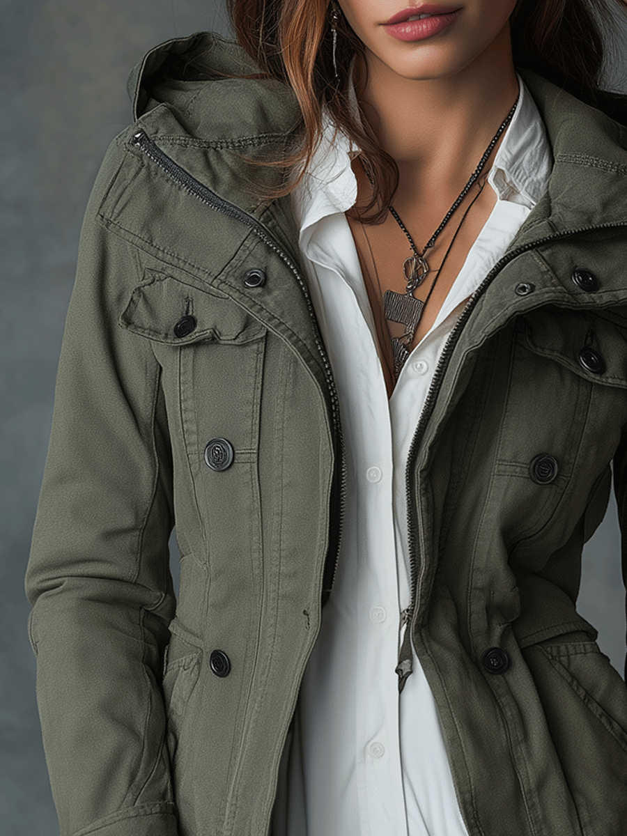 Everyday Slim-Fit Military Utility Cotton Hooded Jacket