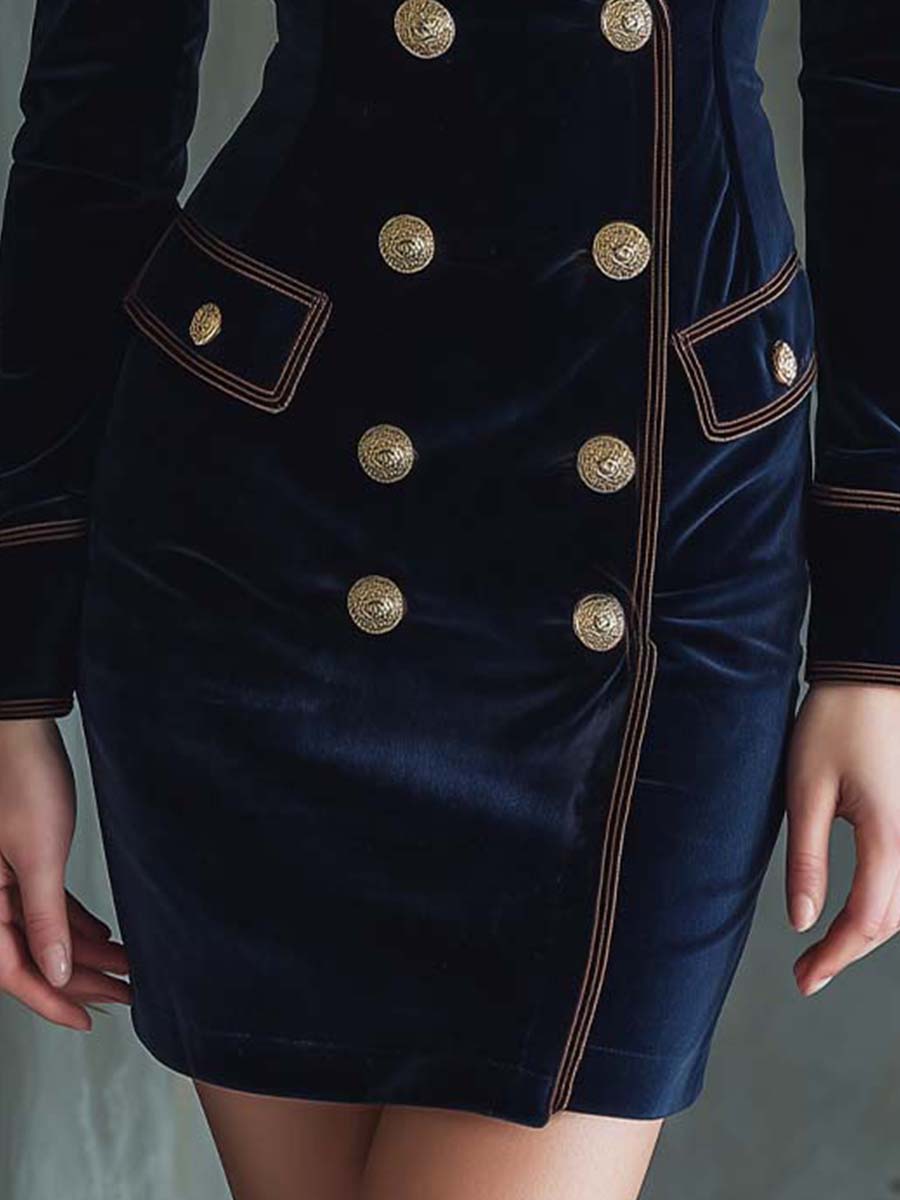 Midnight Navy Velvet Double-Breasted Blazer Dress