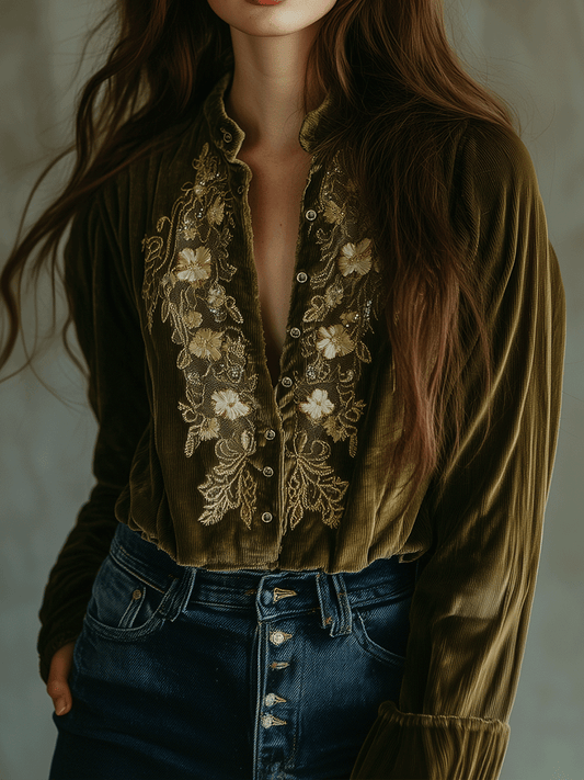 Olive Green Velvet Floral Embroidered Blouse