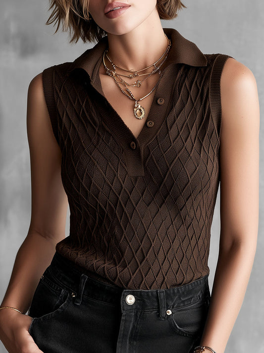 Coffee Brown Textured Diamond Pattern Sleeveless Polo Shirt