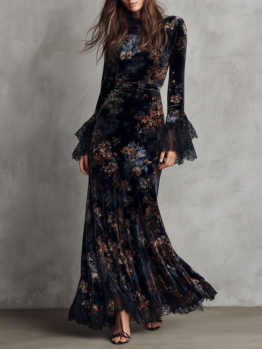 Midnight Floral Velvet Flowing Gown With Lace-Trim Bell Sleeves