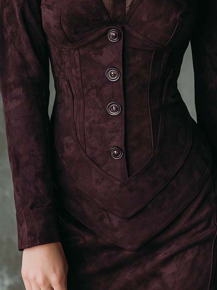 Mulberry Brown Velvet Collar Suede Dress Set