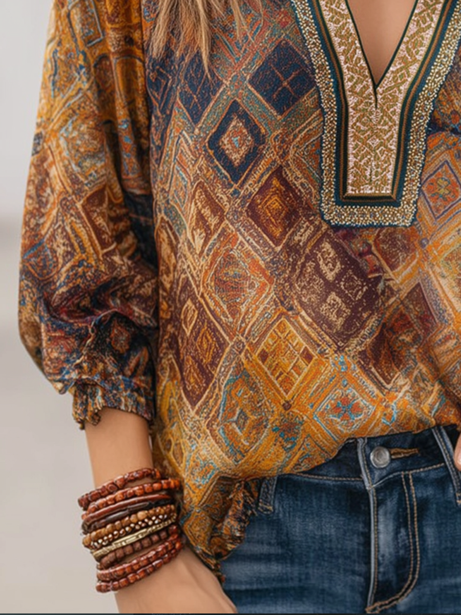 Retro Colorful Diamond Long-sleeved Blouse