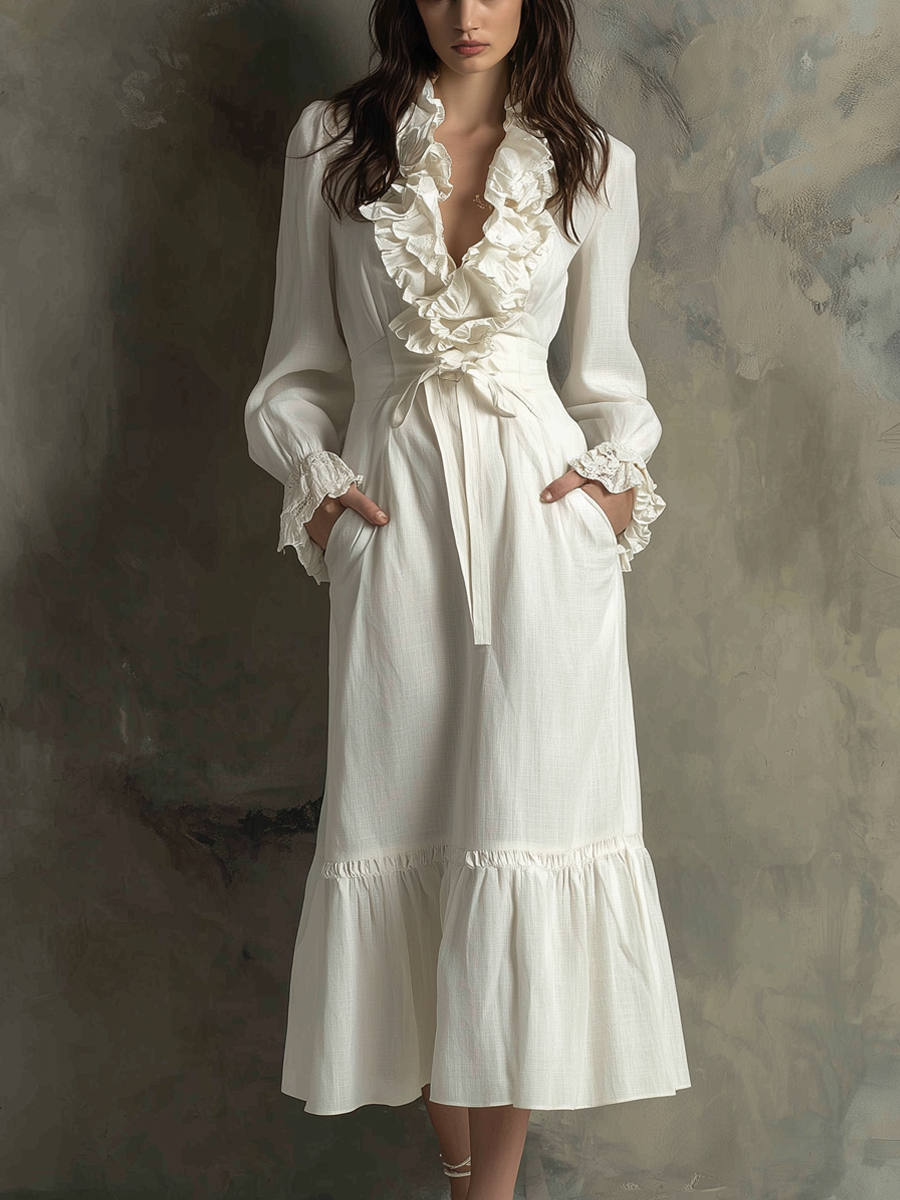 Retro Ruffle Neck Midi Dress