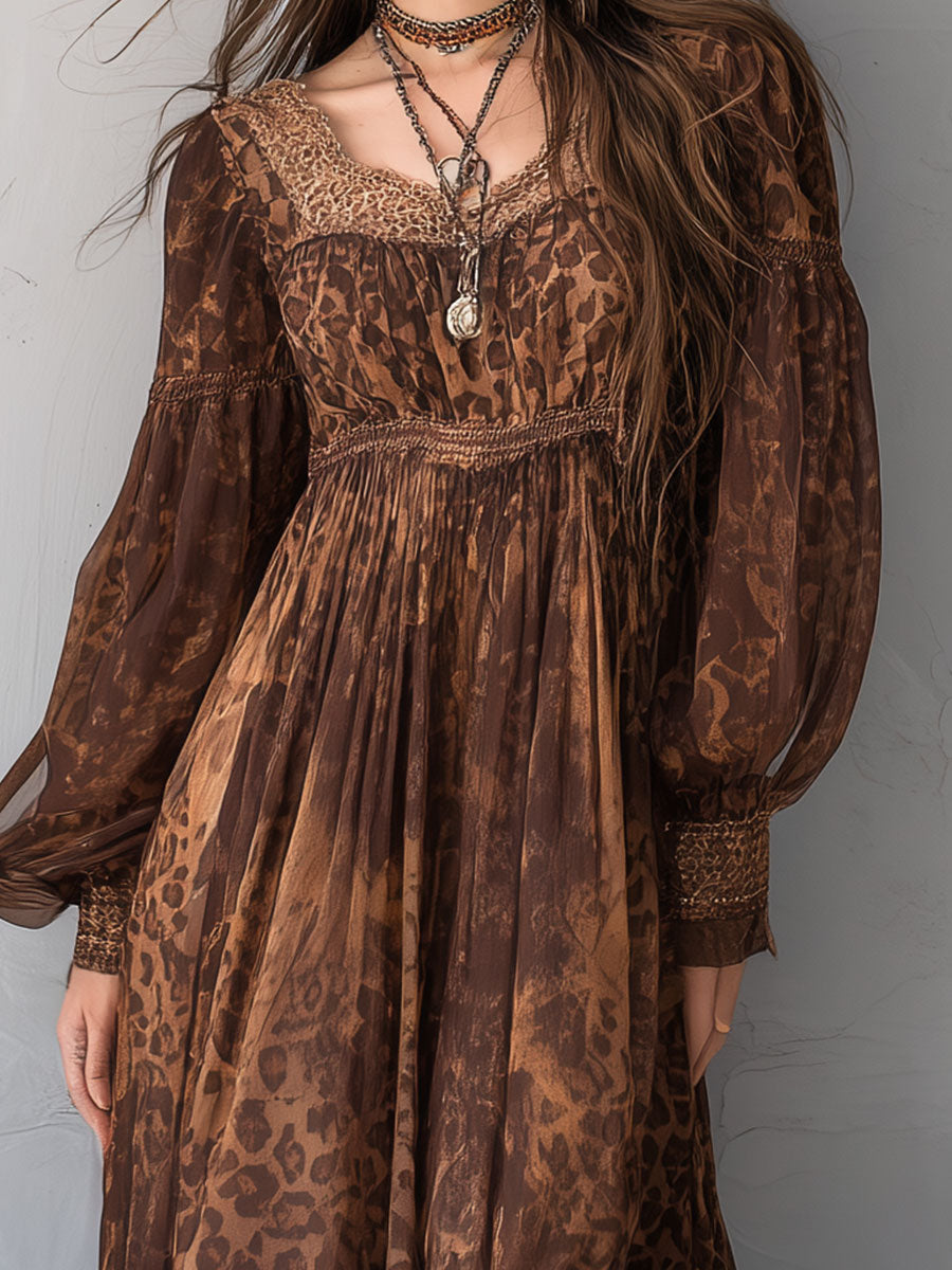 Retro Chiffon Leopard Print Lantern Sleeve Maxi Dress