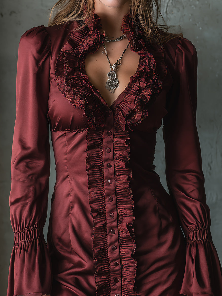 Elegant Retro Matte Satin Ruffled Mini Dress