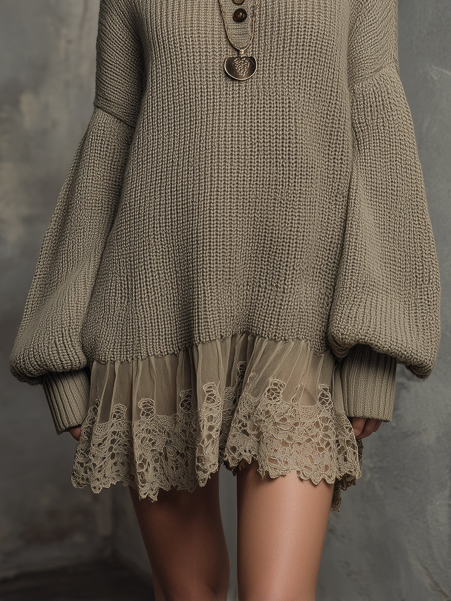 Vintage Nomad Whisper Knit-Lace Layered Mini Dress