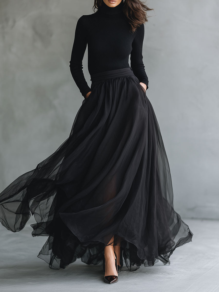 Elegant Black Tulle Flowing Maxi Dress Patchwork Fitted Knit Turtleneck Top
