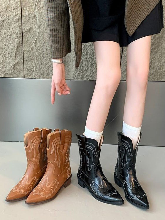Retro Embroidered Western Cowboy Boots Pointed Toe V-neck Short Boots Thick Heel Sleeve Martin Boots