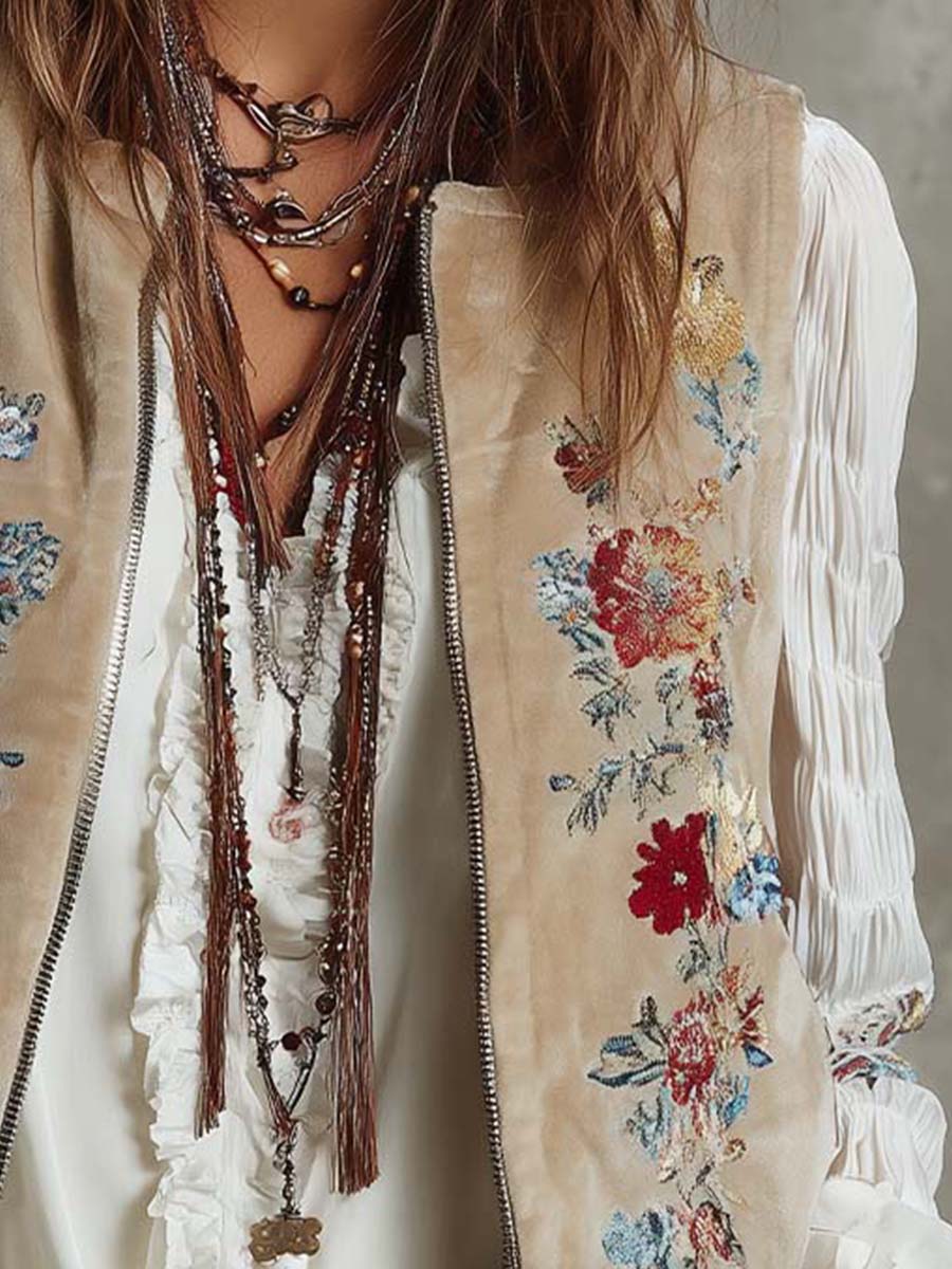 Floral Embroidered Velvet Vest – Beige Bohemian Luxe