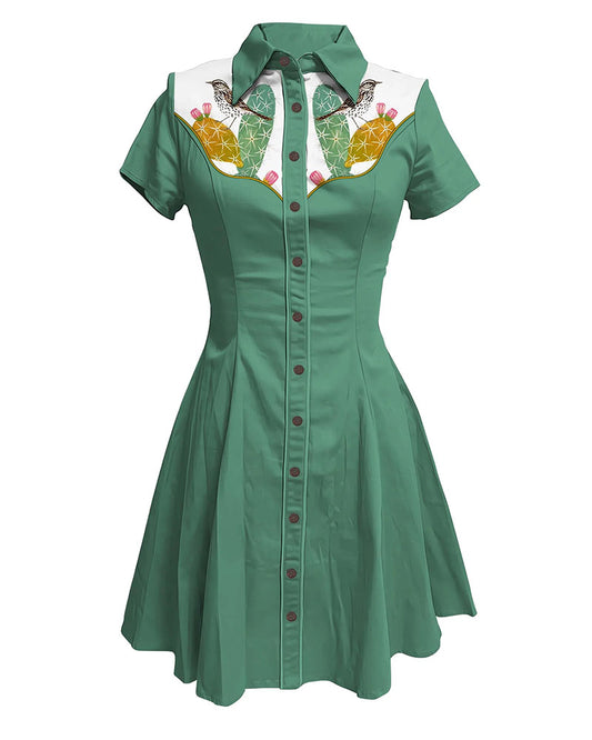 Bird And Cactus Lapel Shirt Dress