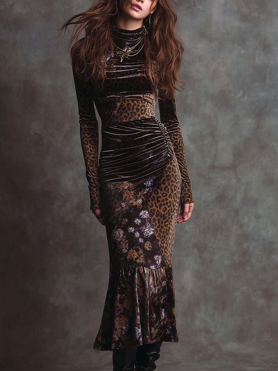 Retro Gothic Leopard Print And Floral Patchwork Velvet Maxi Dress