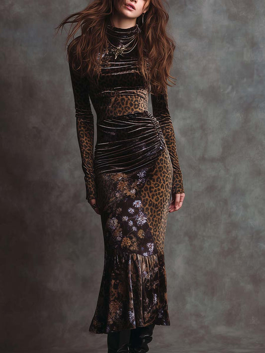 Retro Gothic Leopard Print And Floral Patchwork Velvet Maxi Dress