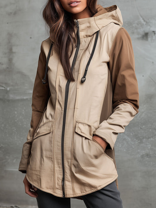 Beige & Brown Colorblock Hooded Utility Jacket