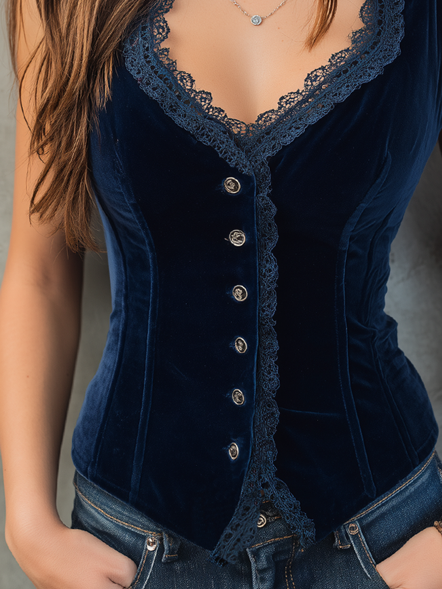 Vintage Velvet Lace Trim Slim Vest