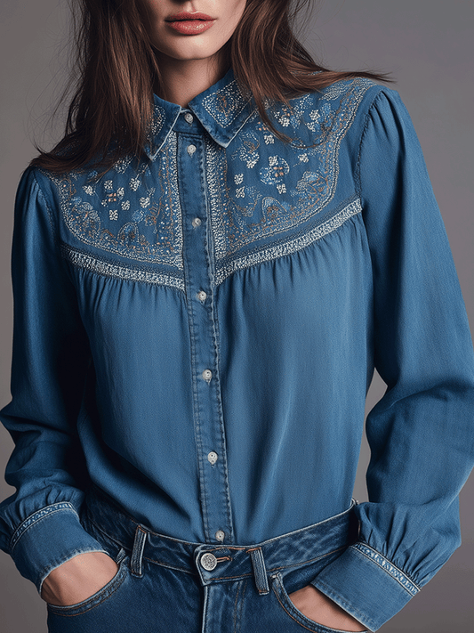 Western Denim Blue Folk Floral Embroidered Shirt