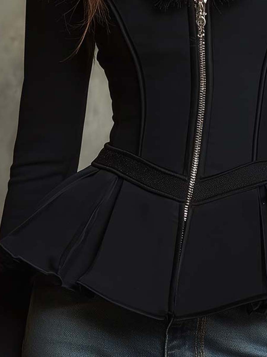 Structured Peplum Jacket With Textured Fringe Collar