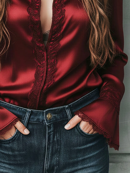 Elegant Burgundy Lace Trim Satin Blouse With Flared Cuffs
