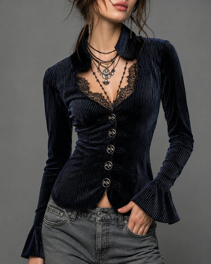 Lace V-neck Flared Cuffs Vintage Velvet Shirt