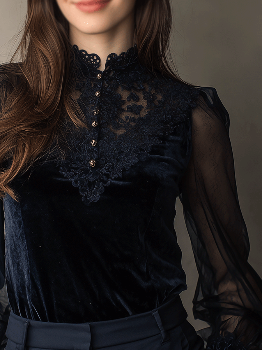 Elegant Navy Velvet Lace Panel Shirt