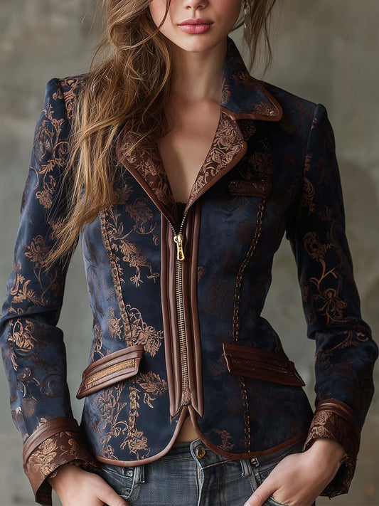 Printed Suede Fitted Jacket With Contrast Leather Trim