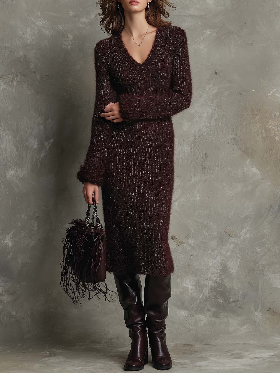Burgundy Fuzzy Knit Midi Dress With Detachable Cuffs