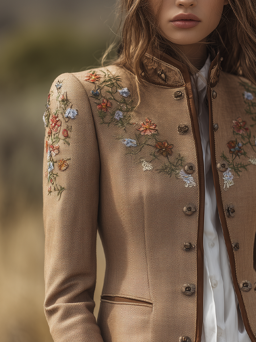 Vintage Embroidered Pocket Contrast Trim Jacket