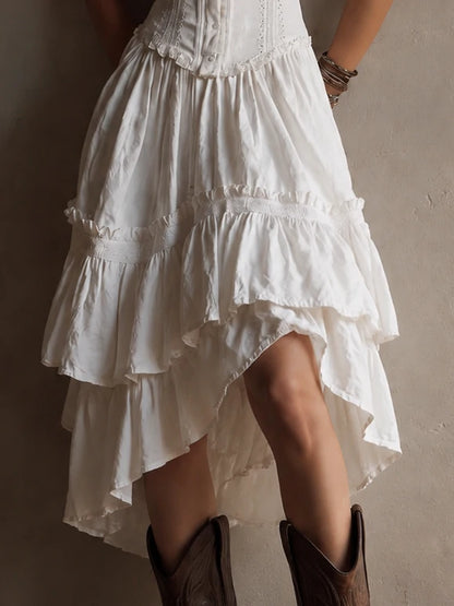 Retro Boho White Corset Tiered Midi Dress With Lace-Trim