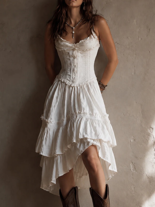 Retro Boho White Corset Tiered Midi Dress With Lace-Trim